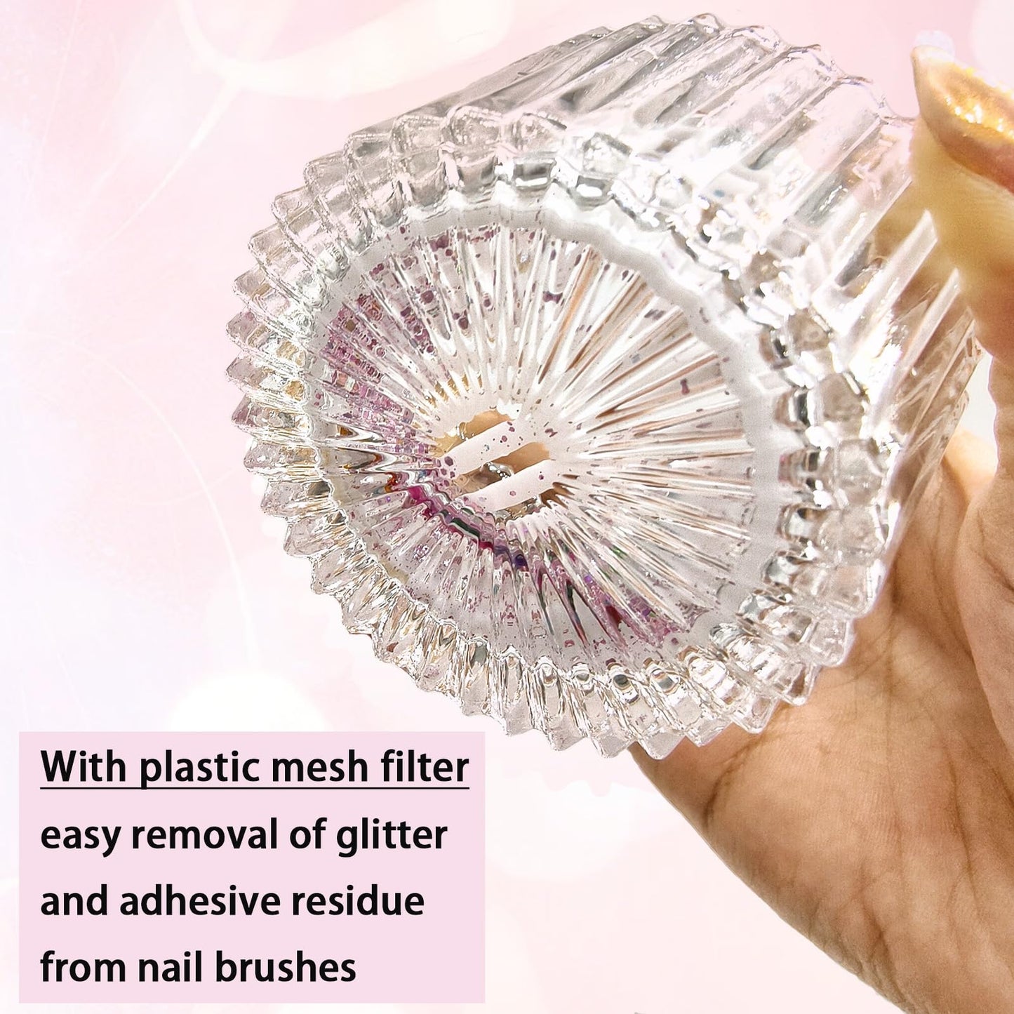 Top view of acrylic monomer cup with filter grid