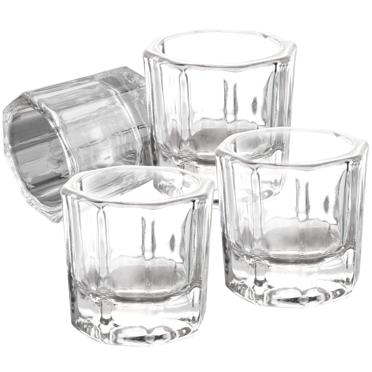 Four clear glass dappen dishes for professional nail salon use