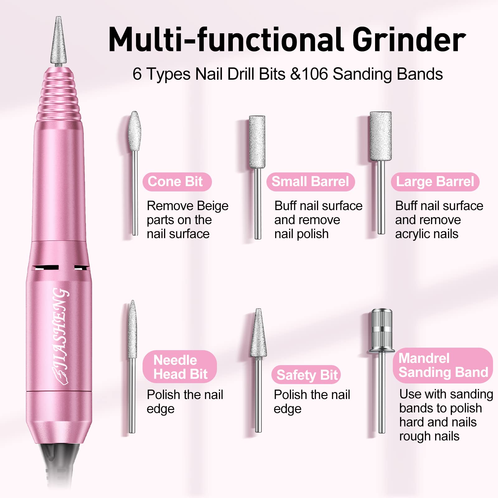Handheld view of Jiasheng nail drill handpiece and bits
