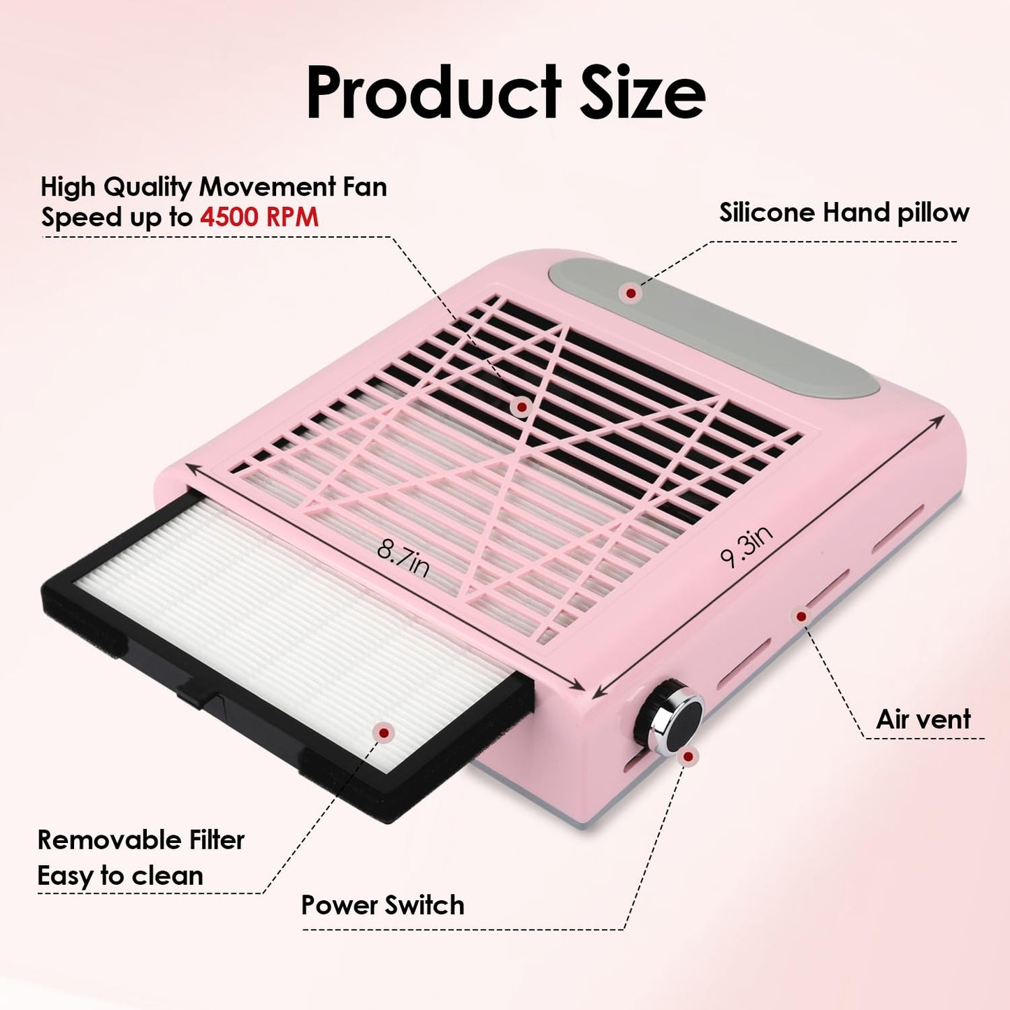 Rear view of 80W nail dust collector showing heat dissipation vents