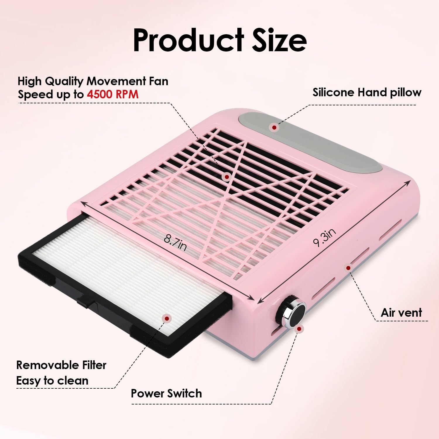 Rear view of 80W nail dust collector showing heat dissipation vents