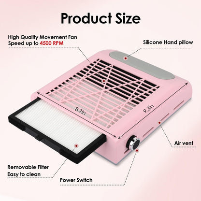 Rear view of 80W nail dust collector showing heat dissipation vents