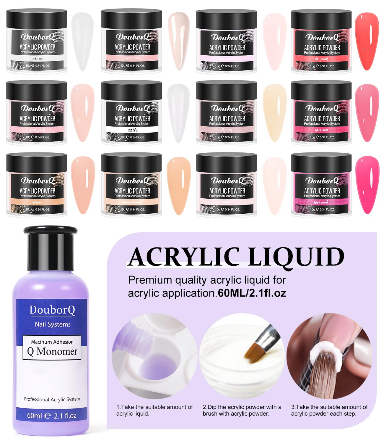 Top view of DouborQ acrylic manicure kit components