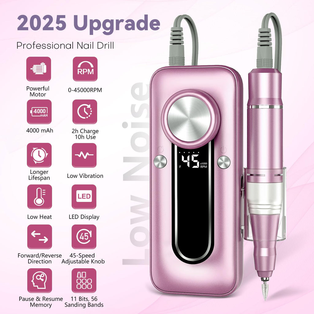 TUOBEO electric nail drill kit showing interchangeable drill bits