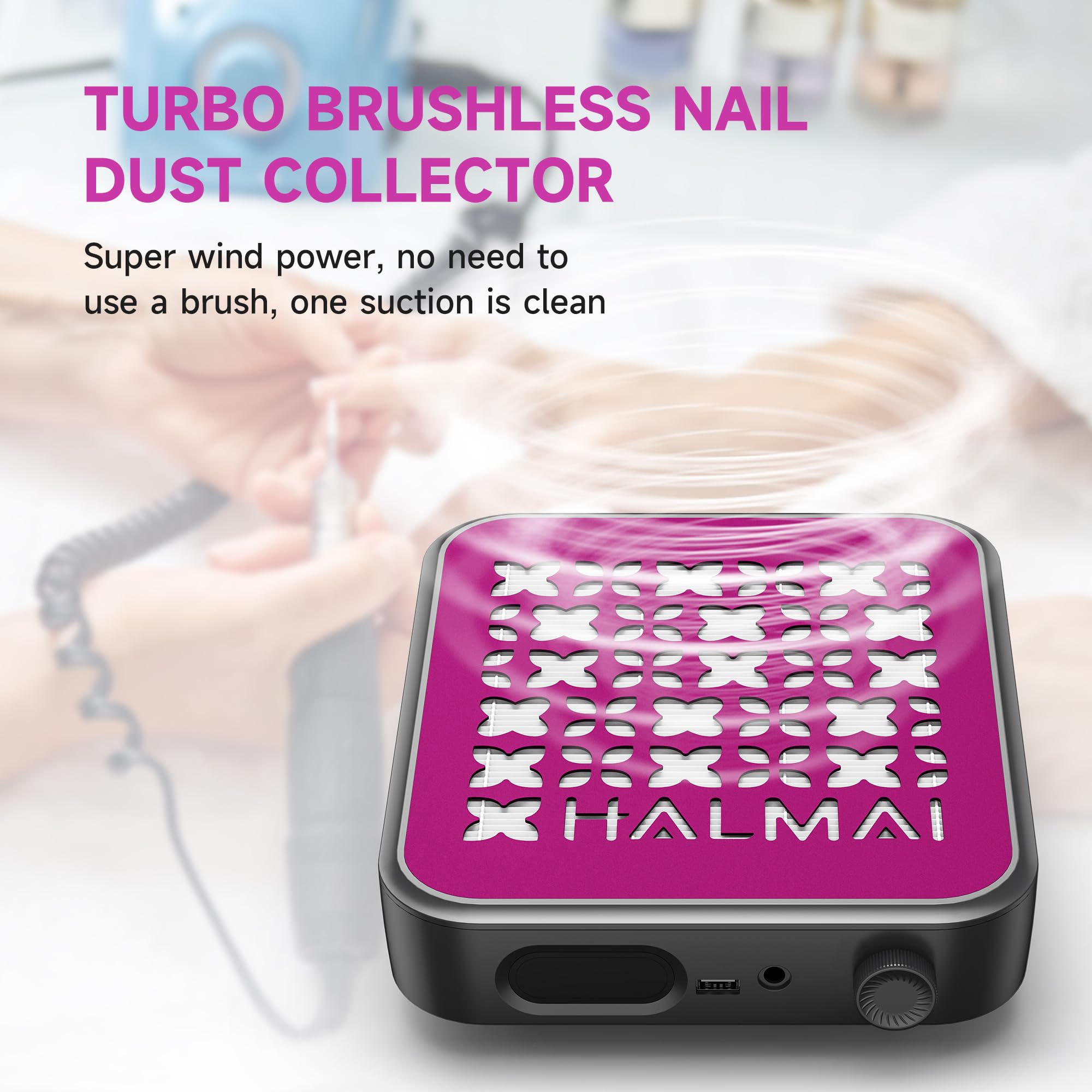 Top view of portable Halmai nail dust collector with control knob