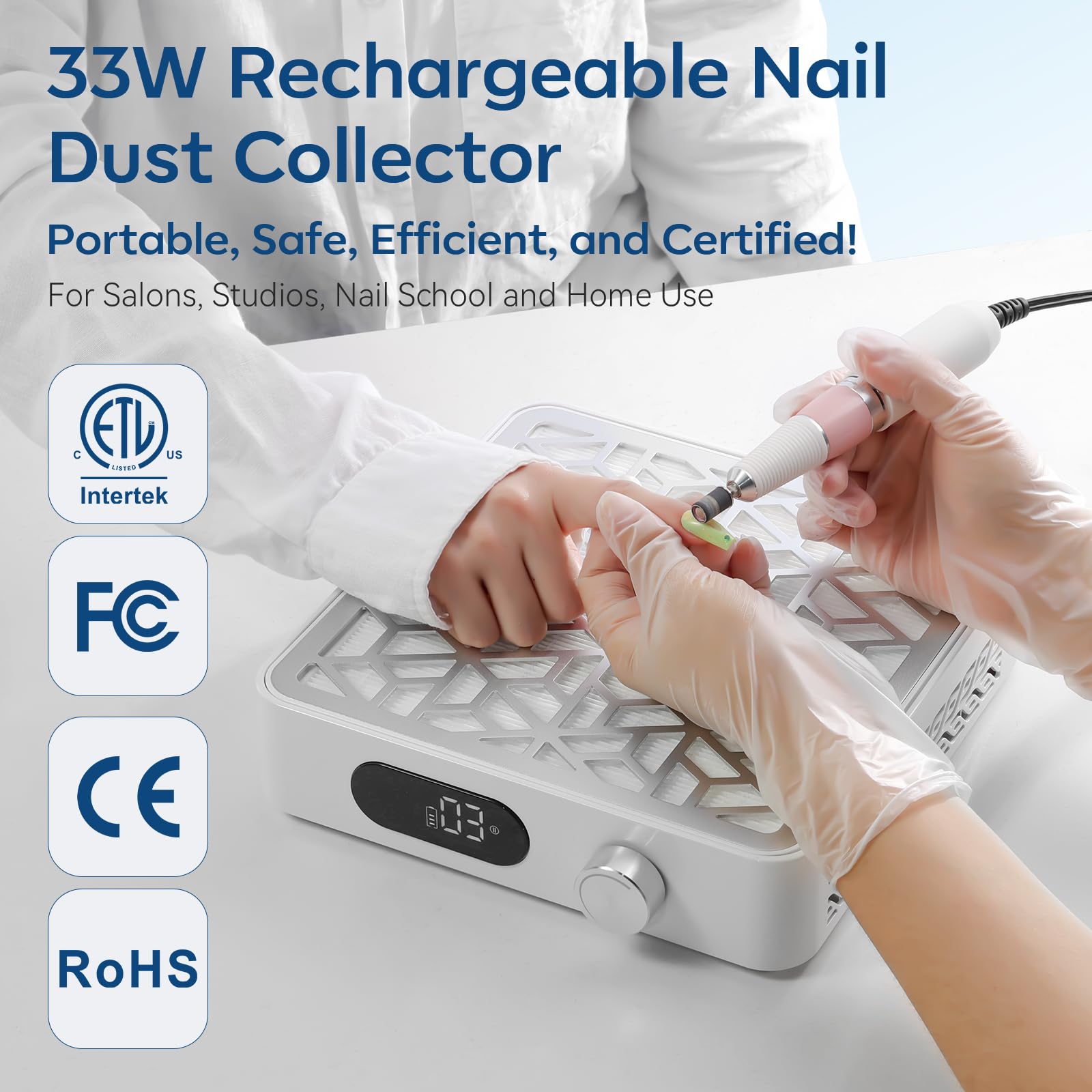 Makartt rechargeable nail vacuum showing the magnetic filter panel.