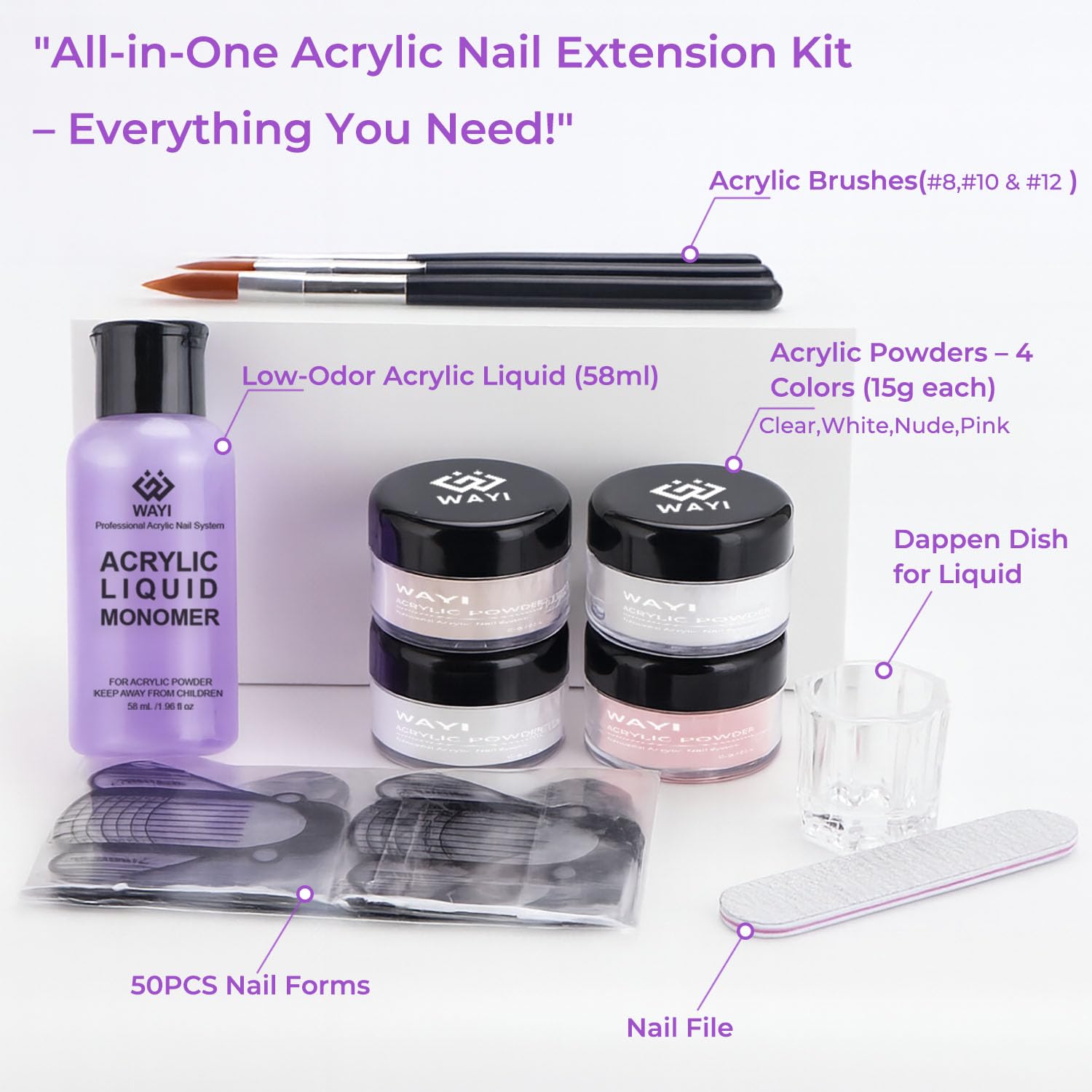 Four jars of Wayi acrylic powder in pink white clear and nude