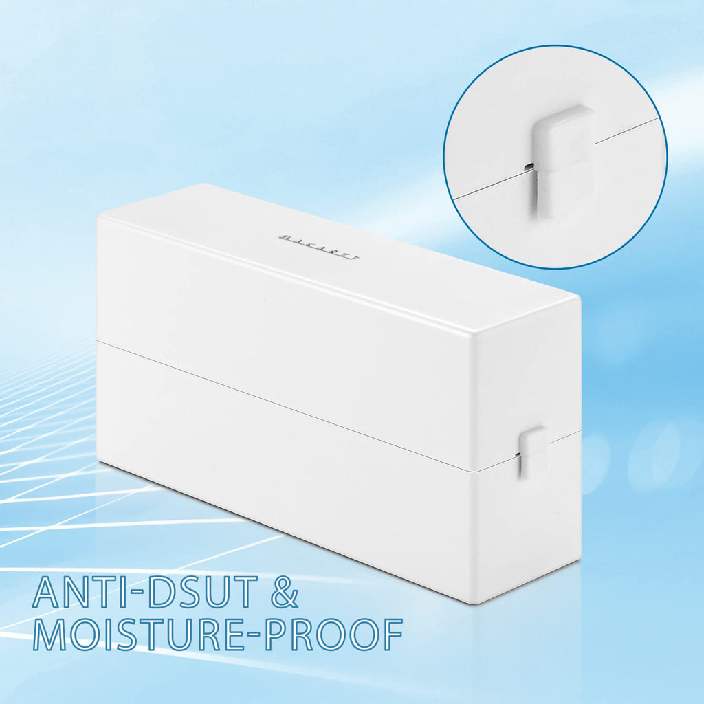 Compact rectangular white nail drill bit storage case on desk