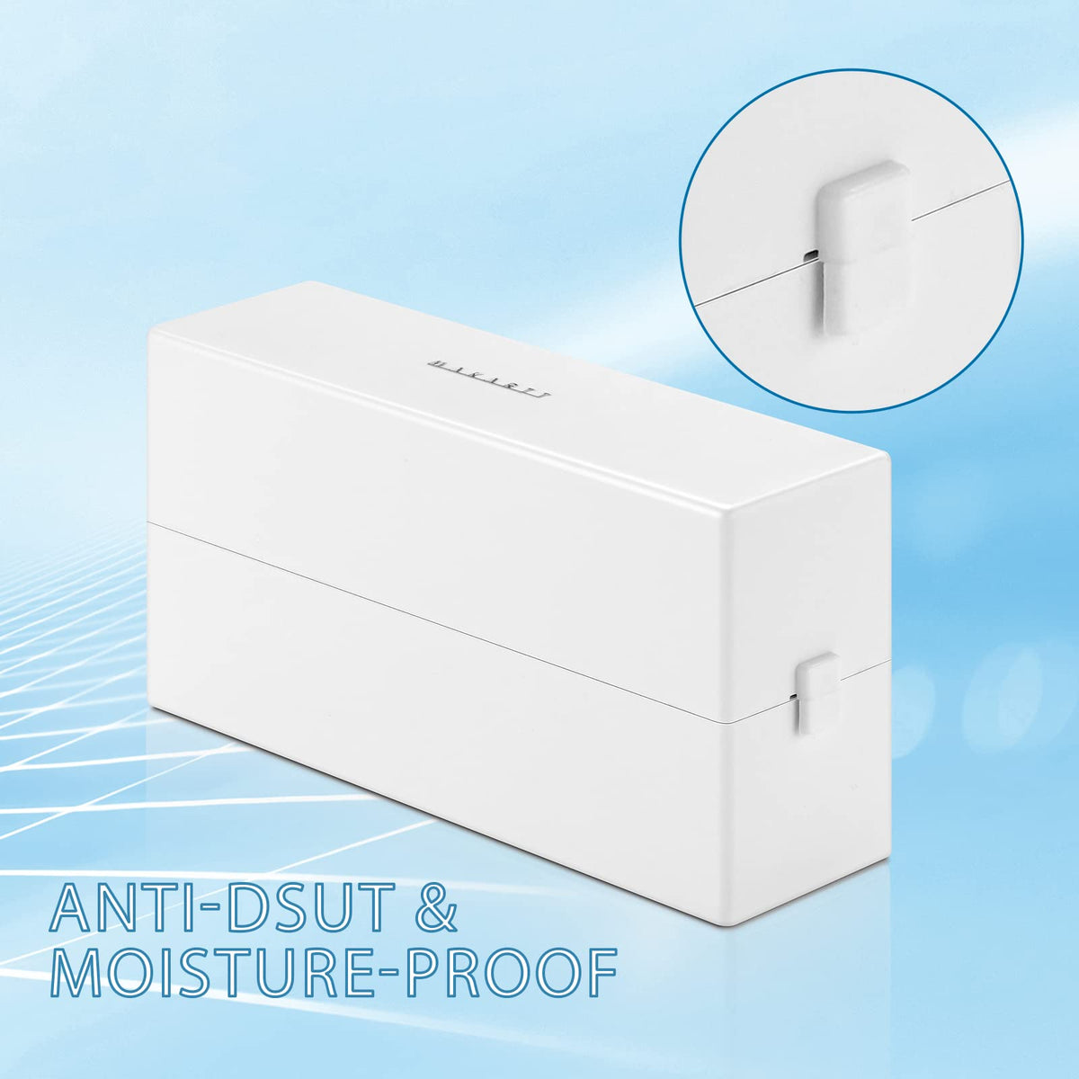 Compact rectangular white nail drill bit storage case on desk