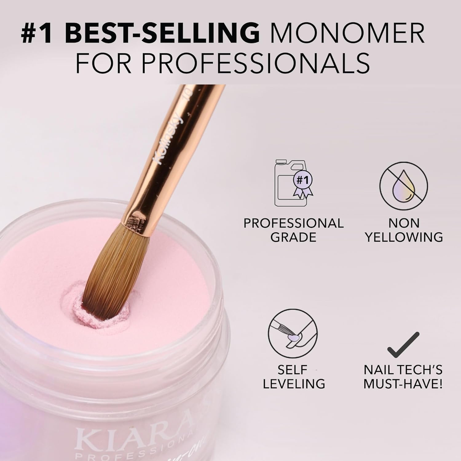 Kiara Sky salon grade acrylic nail liquid liquid monomer bottle detailing the product benefits.