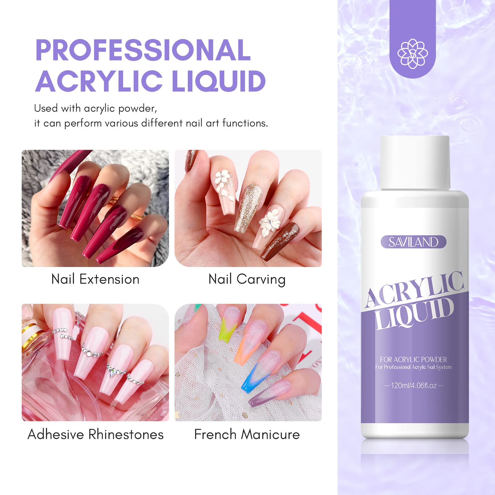 Saviland non yellowing ethyl methacrylate nail monomer fluid close up packaging