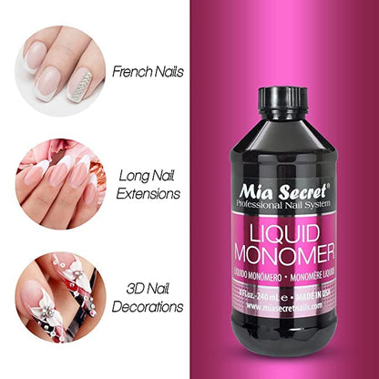 Side profile of Mia Secret 240ml professional nail system monomer highlighting the safe EMA formula label specifications.