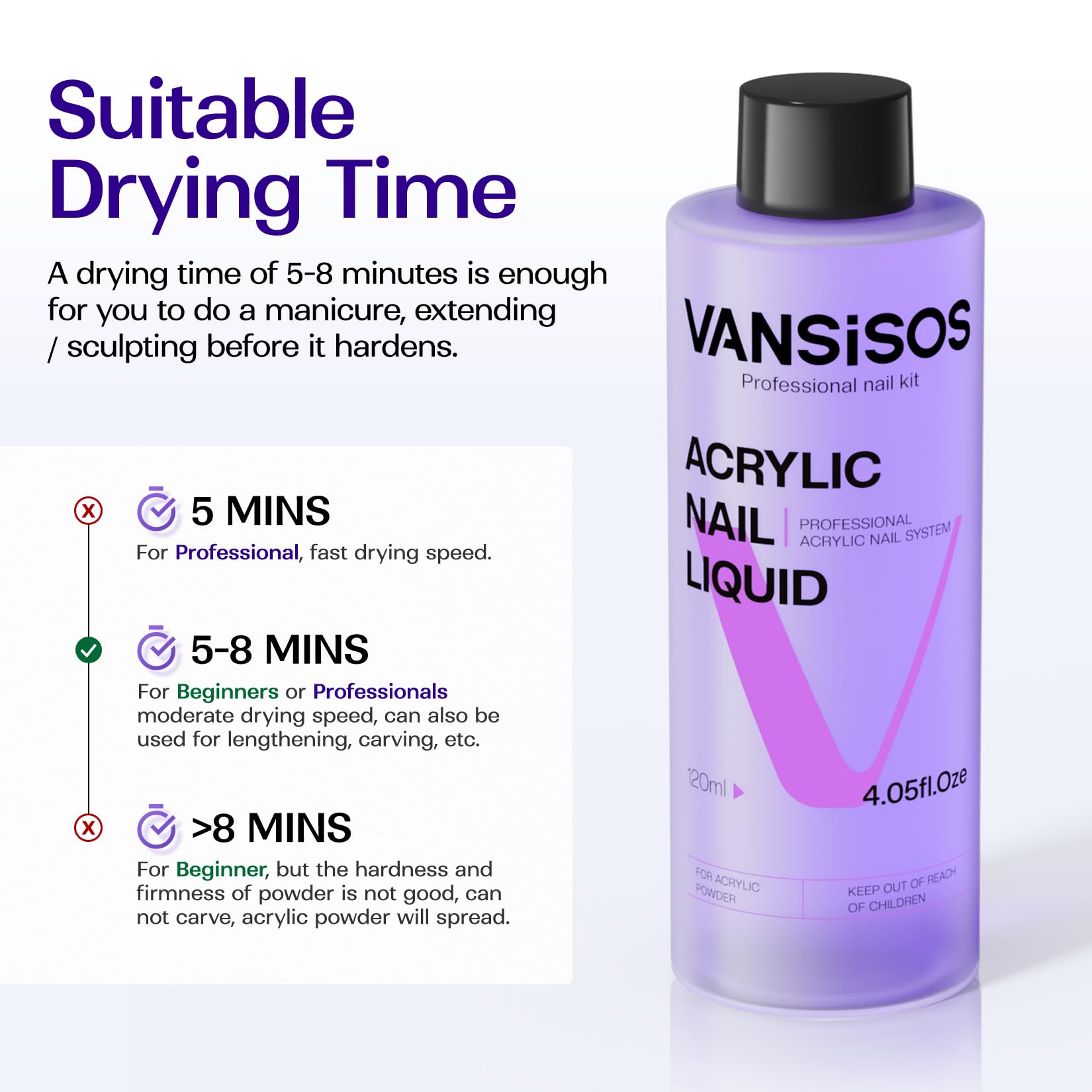 Vansisos beginner friendly slow drying acrylic nail monomer being applied with a salon brush