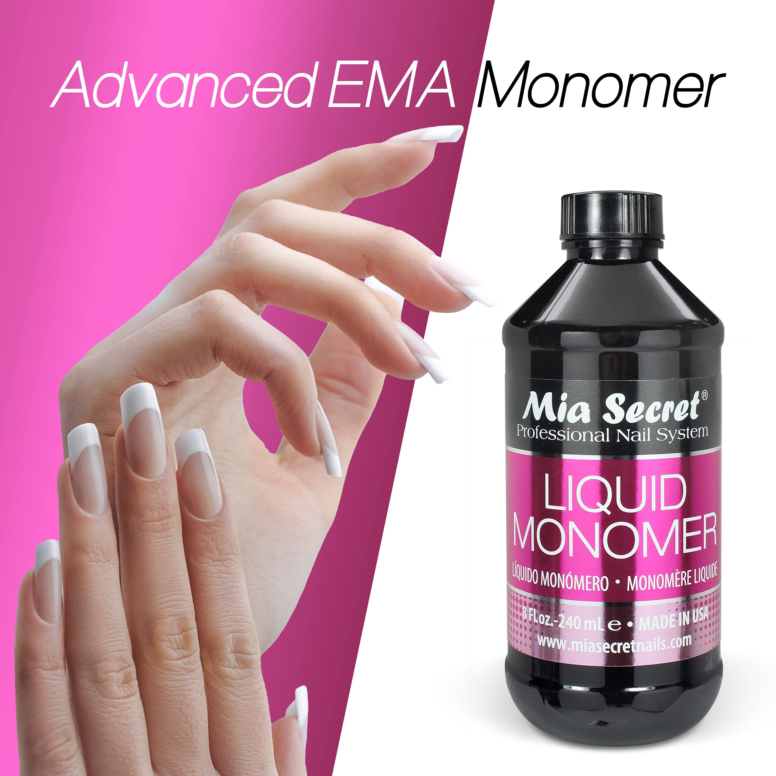 Mia Secret liquid monomer bottle displaying the ingredient label and legal details.
