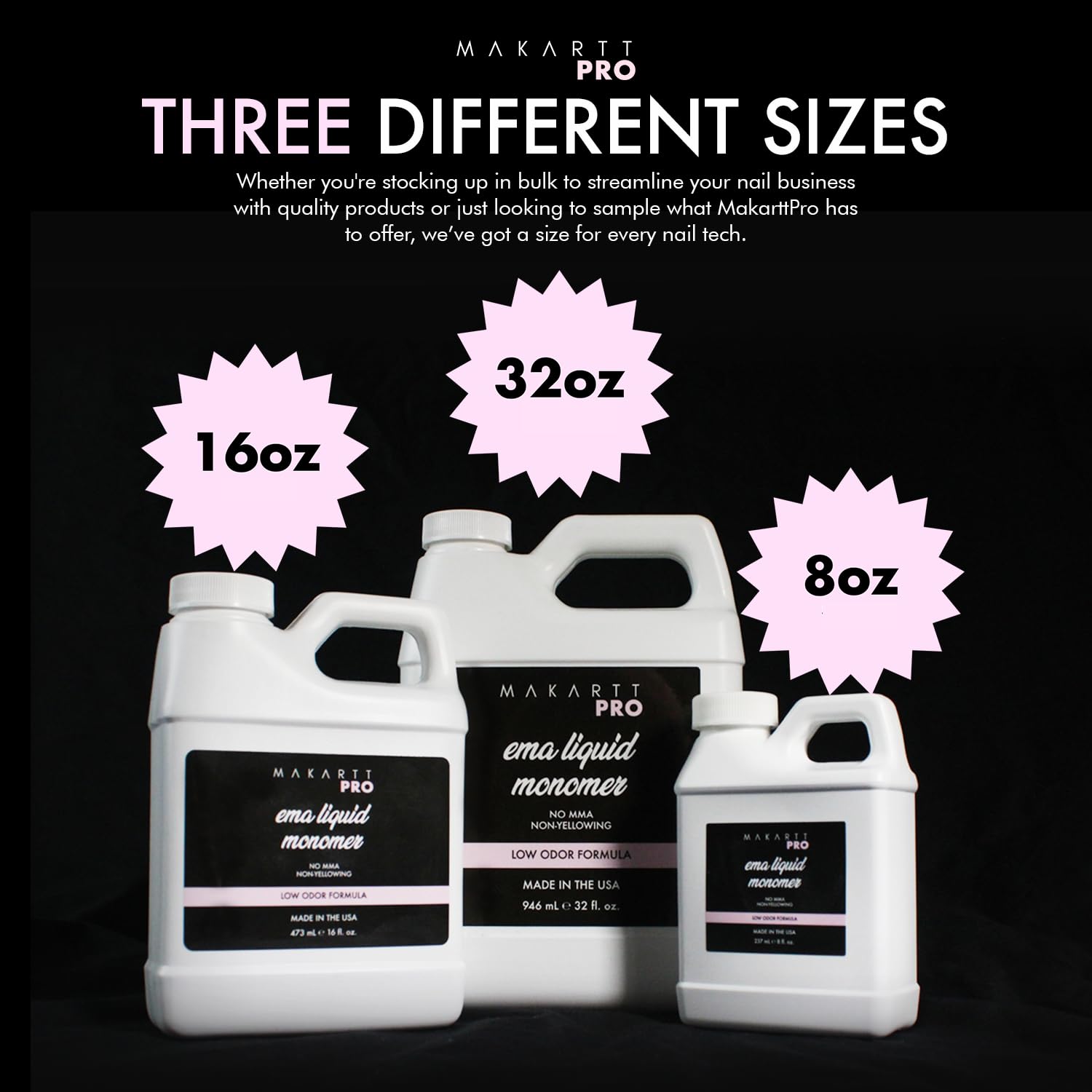 Professional 16 ounce packaging of low odor nail liquid showing safe ingredients profile.