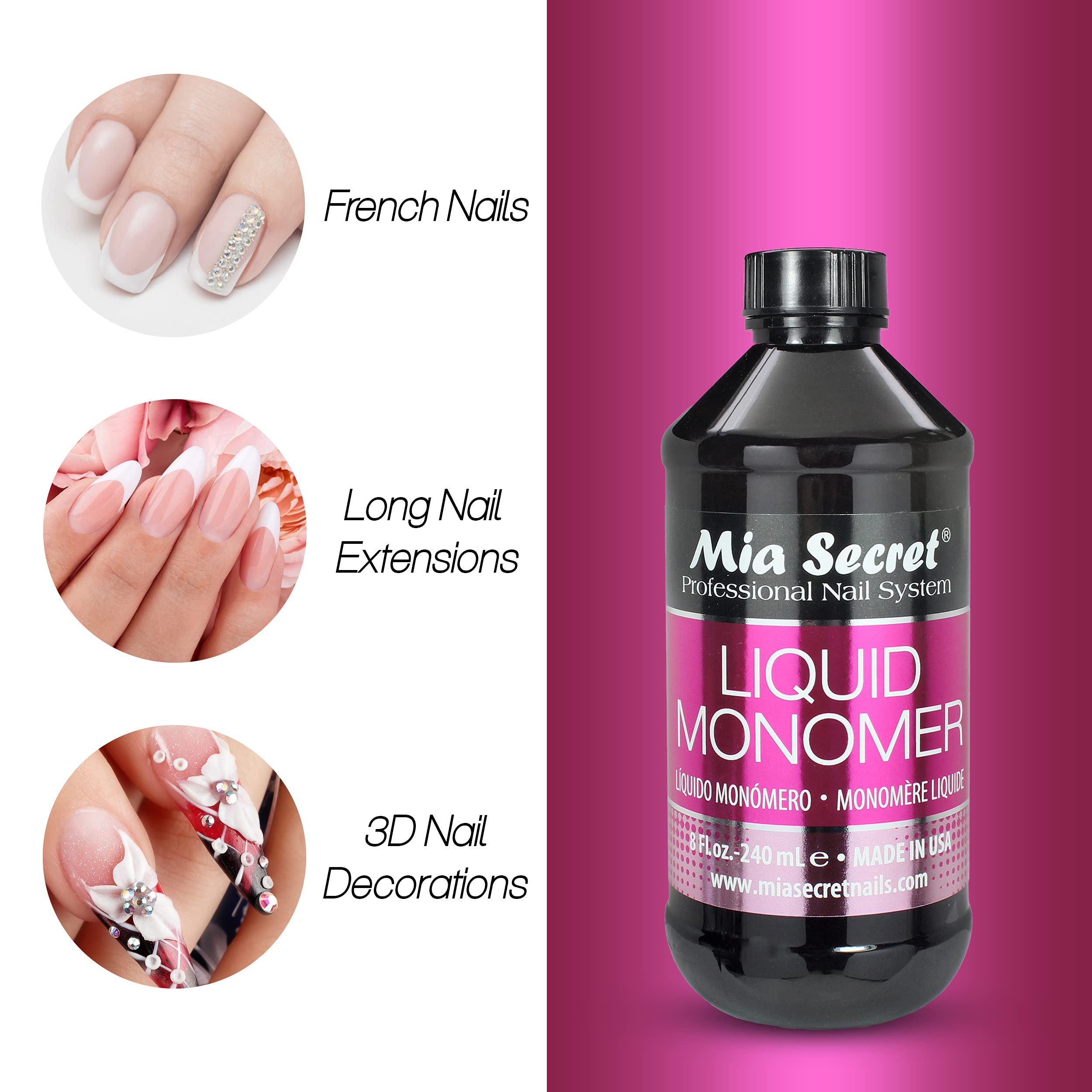 Authentic Mia Secret four ounces bottle highlighting the professional acrylic formulation.