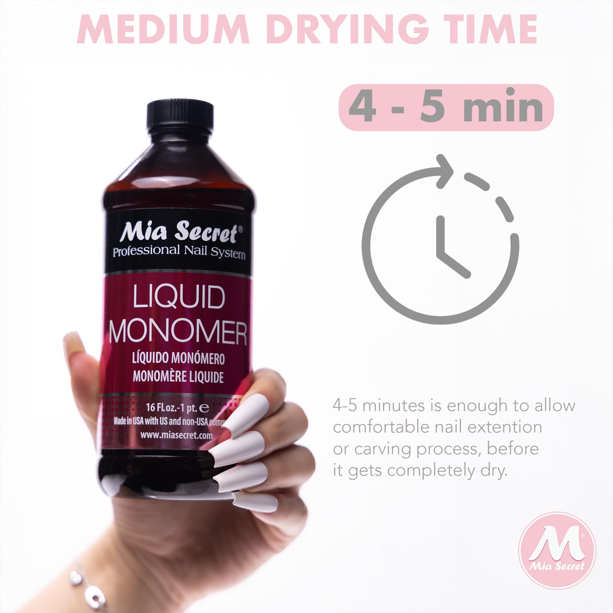 Mia Secret advanced blended Ethyl Methacrylate liquid monomer in a UV-protective dark bottle packaging