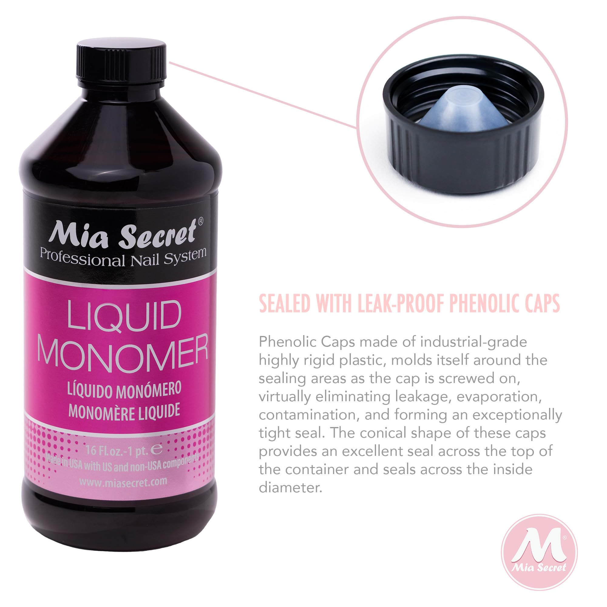 Mia Secret professional acrylic nail liquid 16 Ounce bottle sitting on a clean workspace