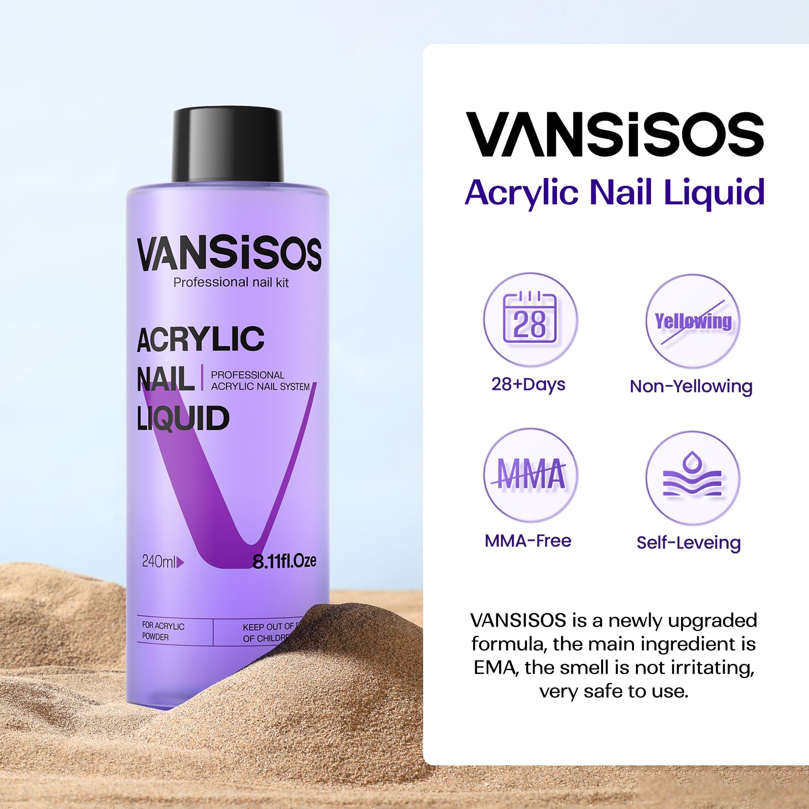Vansisos non-yellowing liquid monomer bottle showing the rear ingredients and instructions label.