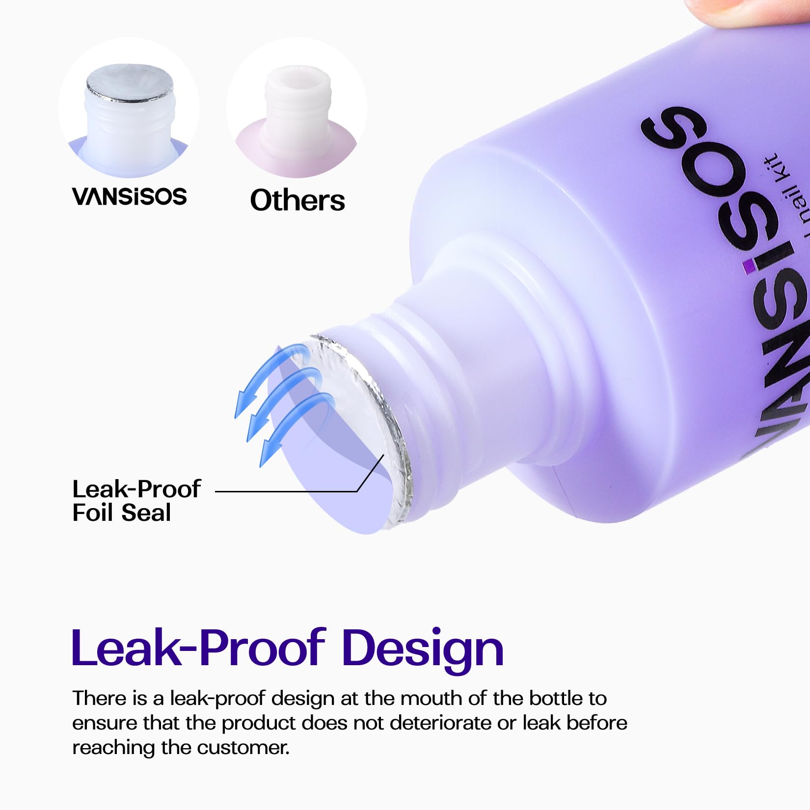 Vansisos eight fluid ounce liquid monomer bottle next to finished clear acrylic nail extensions.