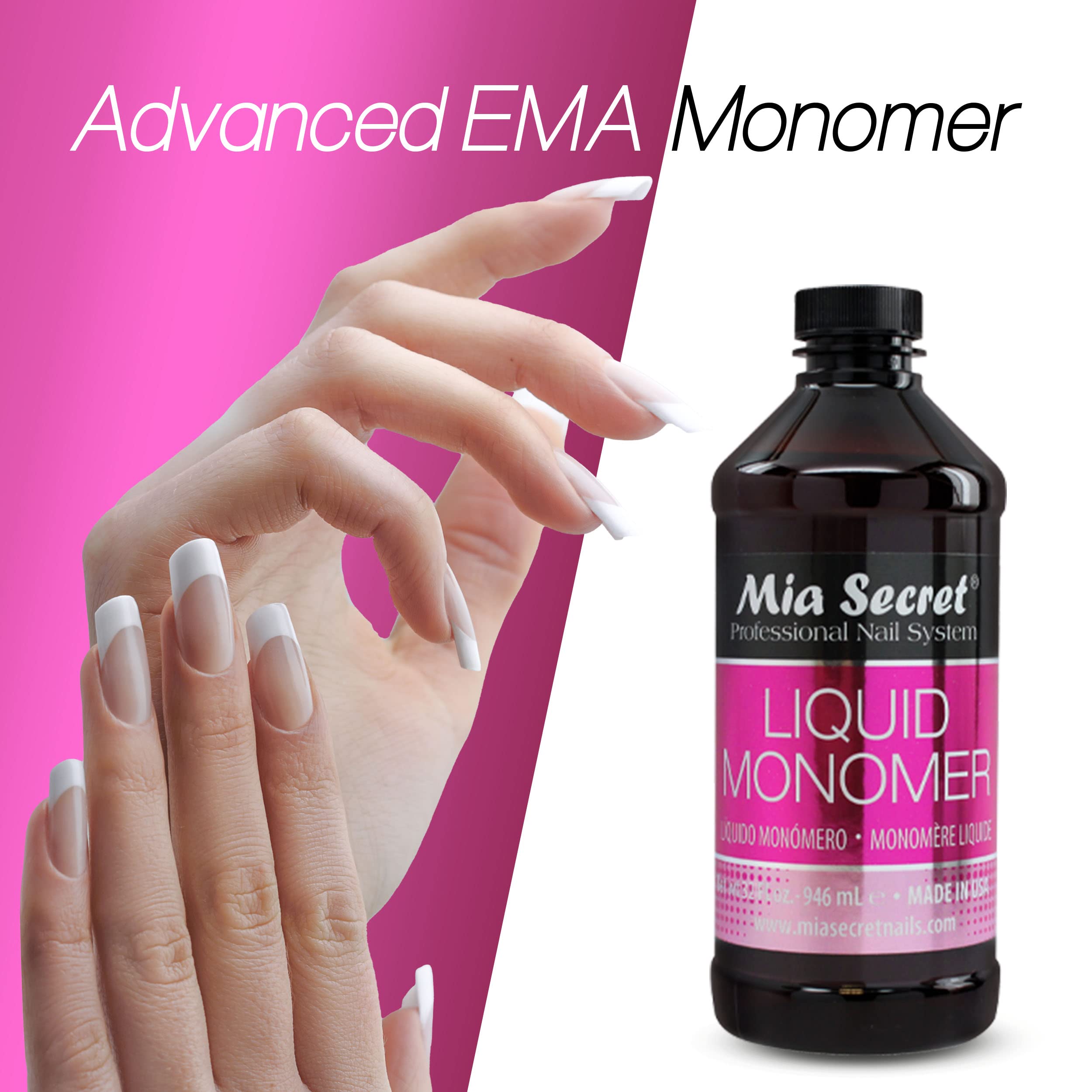 Mia Secret Ethyl Methacrylate acrylic liquid showing the secure industrial leak proof cap setup.