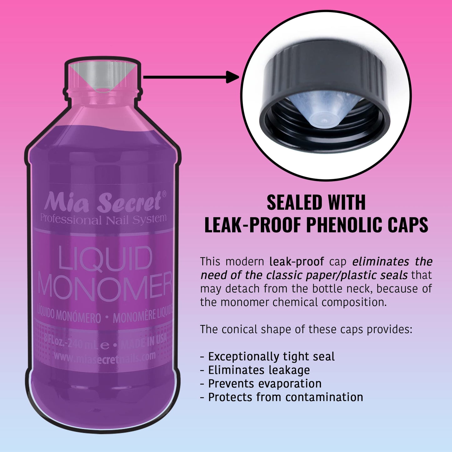Mia Secret professional non yellowing violet liquid monomer formula details on the product label.