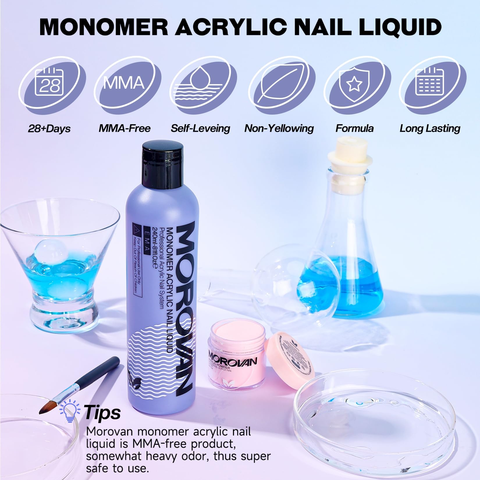 Morovan professional liquid monomer bottle showing non-yellowing and MMA-free labels for nail sculpting