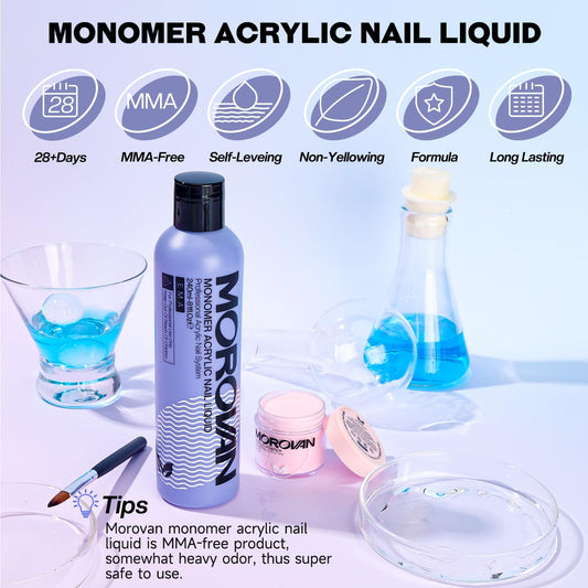Morovan professional liquid monomer bottle showing non-yellowing and MMA-free labels for nail sculpting