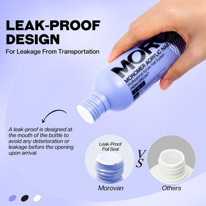 Authentic Morovan imported USA beauty care liquid monomer bottle layout with ingredients information