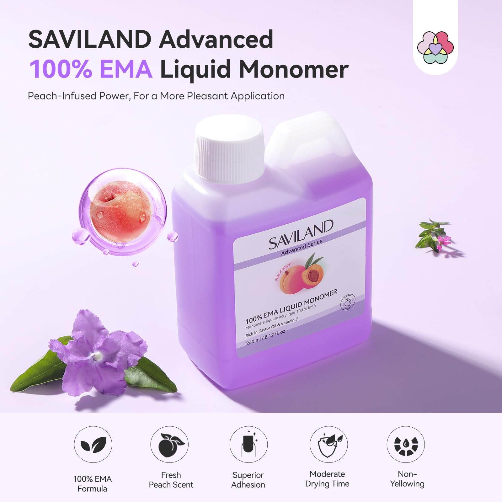 Saviland 240ml acrylic liquid monomer packaging highlighting MMA free formula