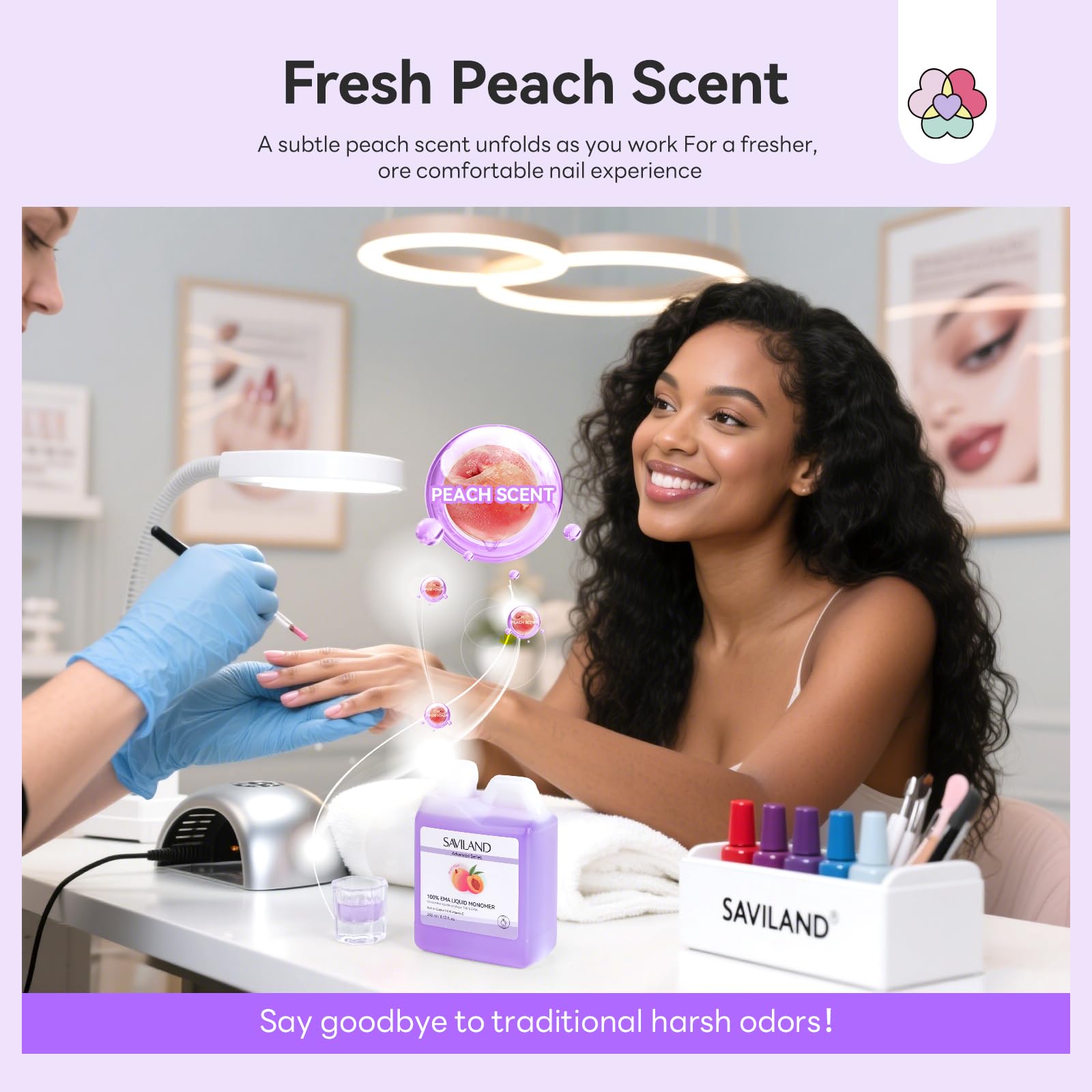 Professional nail technician pouring peach scented saviland monomer into dappen dish