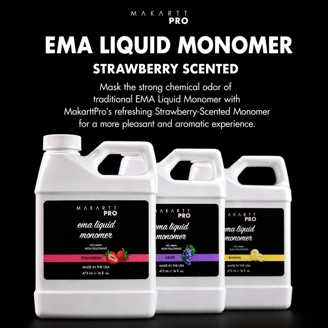 Side view of MakarttPro USA imported professional EMA liquid acrylic monomer showing the anti-leakage packaging.