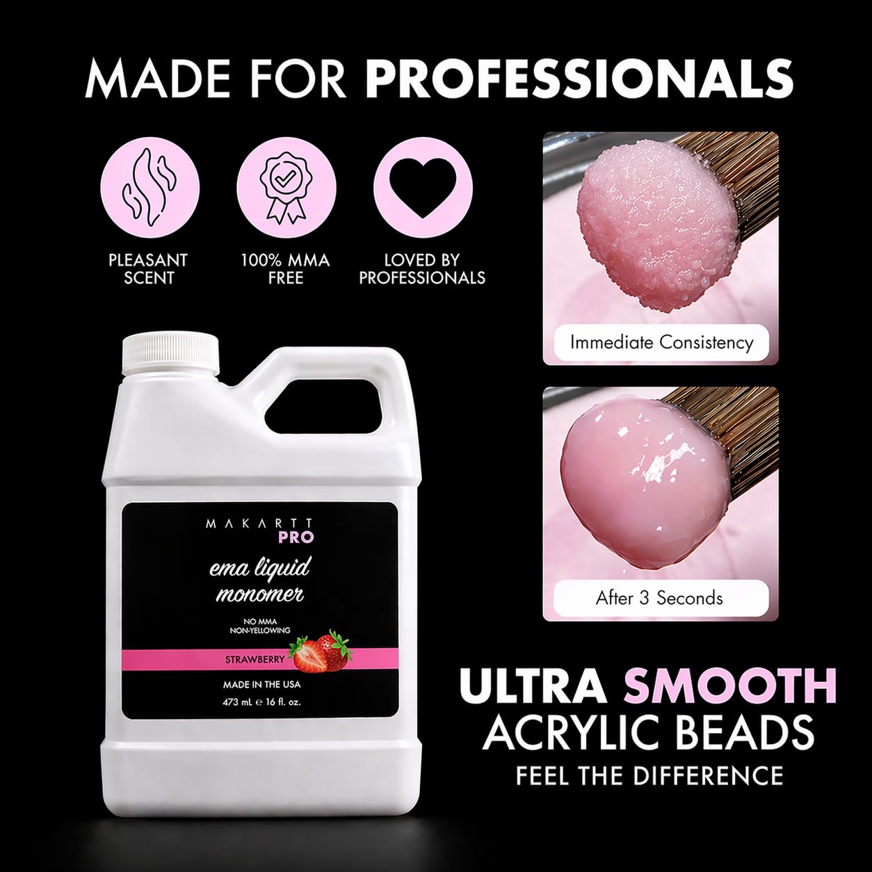 MakarttPro medium to fast setting strawberry scented acrylic liquid monomer used for salon nail extensions.