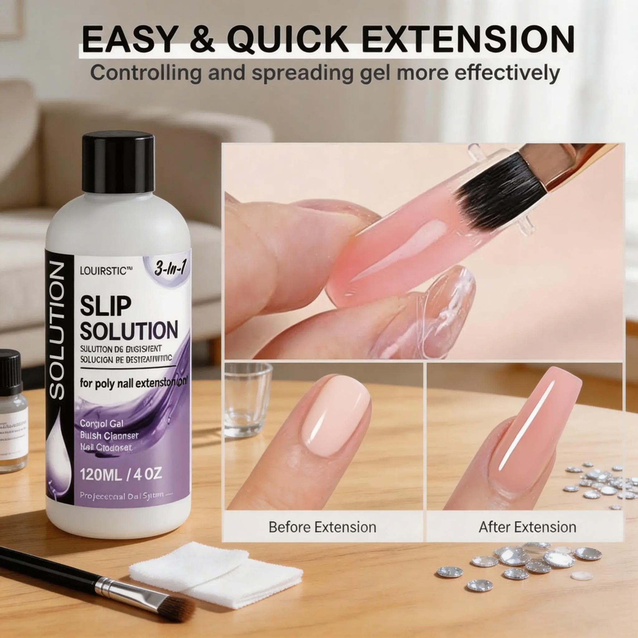 Odorless non toxic nail liquid bottle next to glass dipping cup and salon accessories