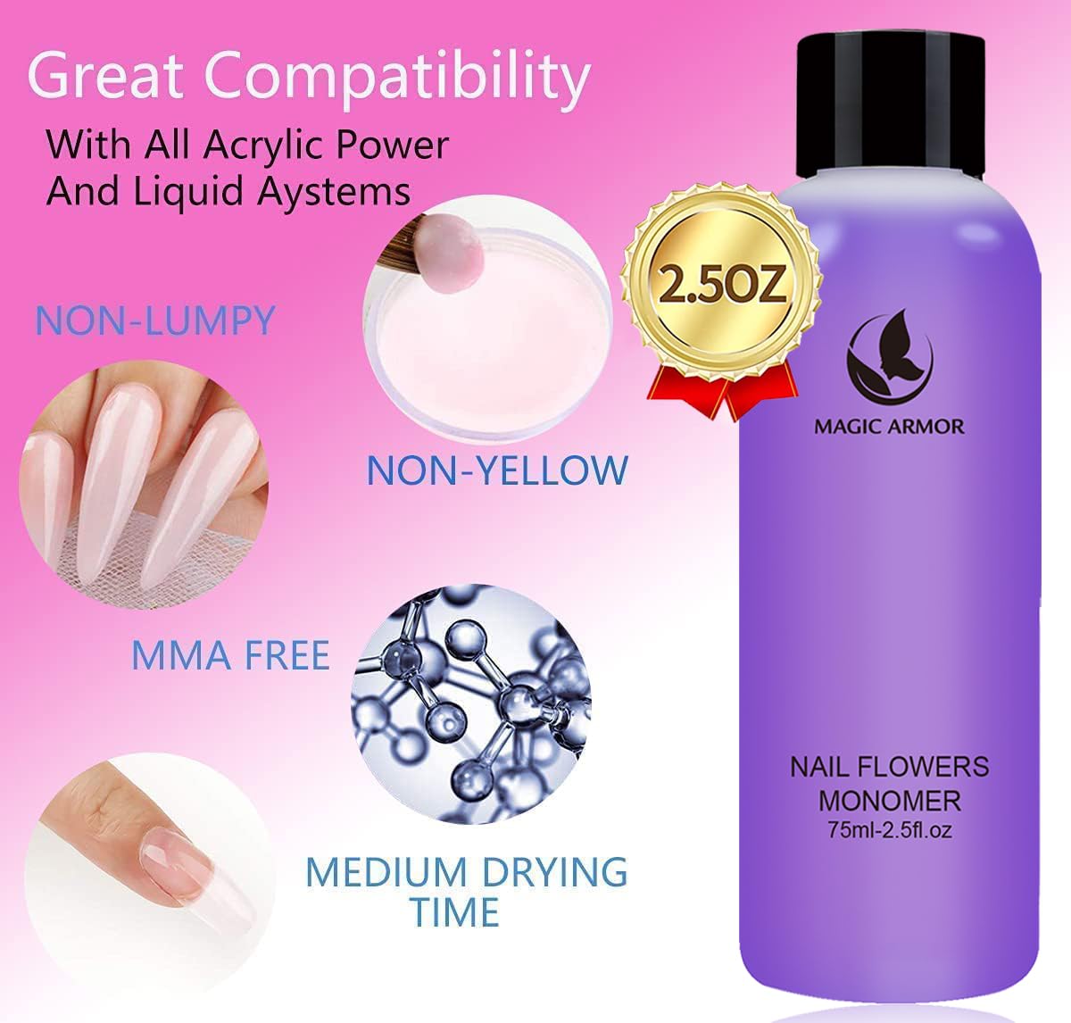Two bottles of Magic Armor professional nail monomer totaling 150 milliliters.