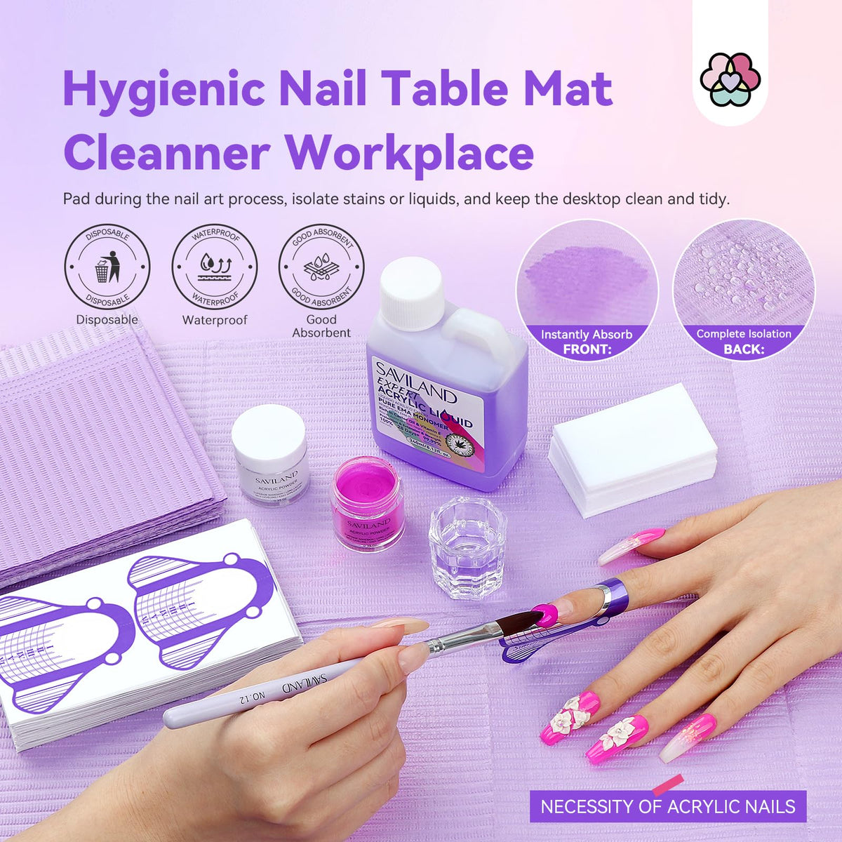 Saviland acrylic nail liquid kit components laid out for manicure