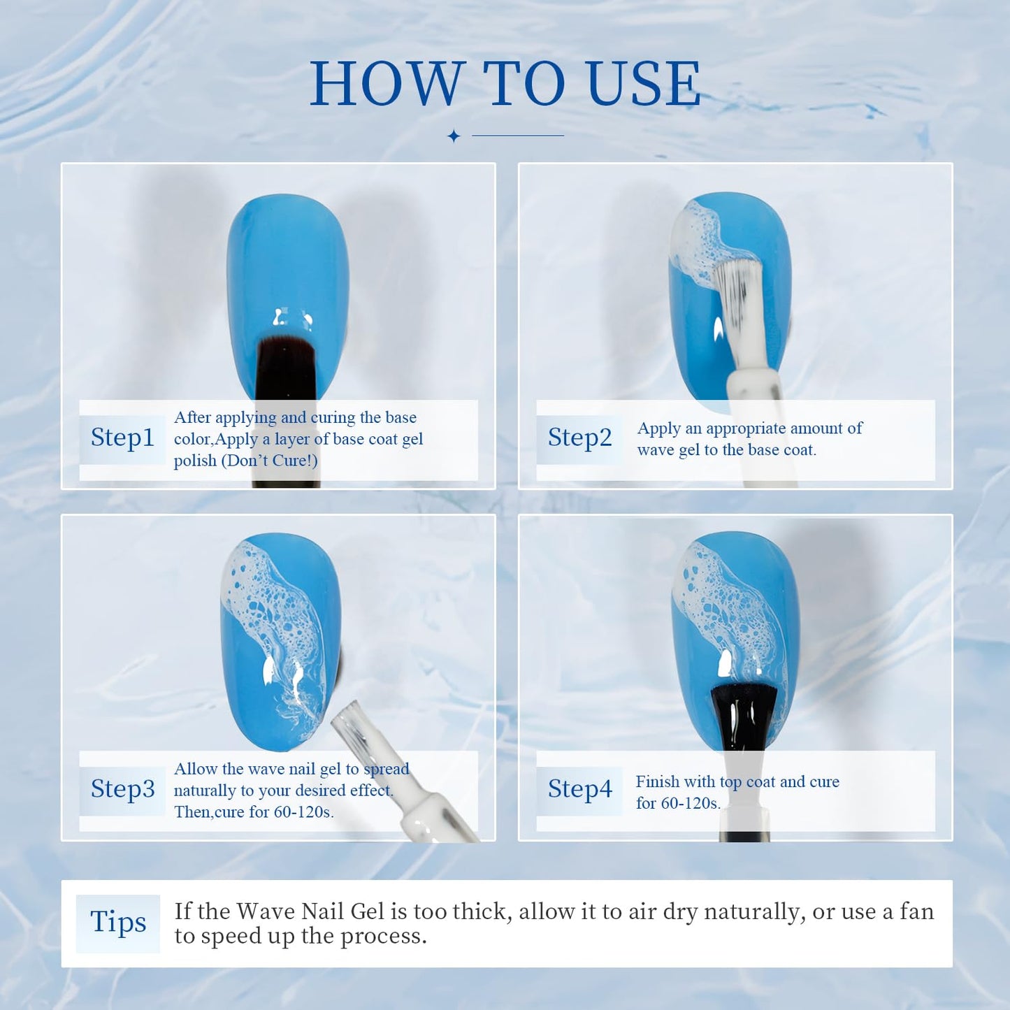 A collection of artificial nail tips showing floral prints and natural stone designs made with blooming gel