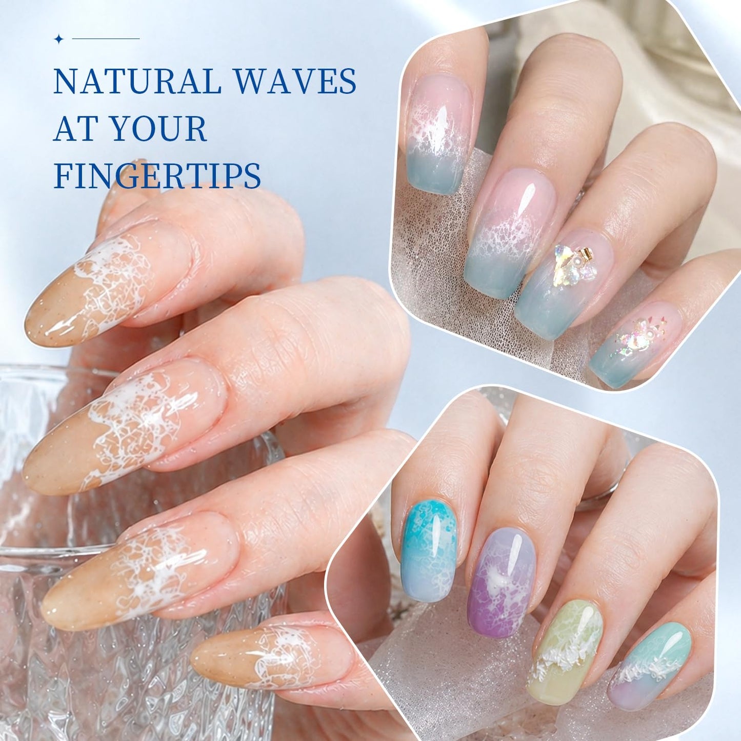 Nail artist curing the completed white wave liquid manicure design under a professional LED lamp
