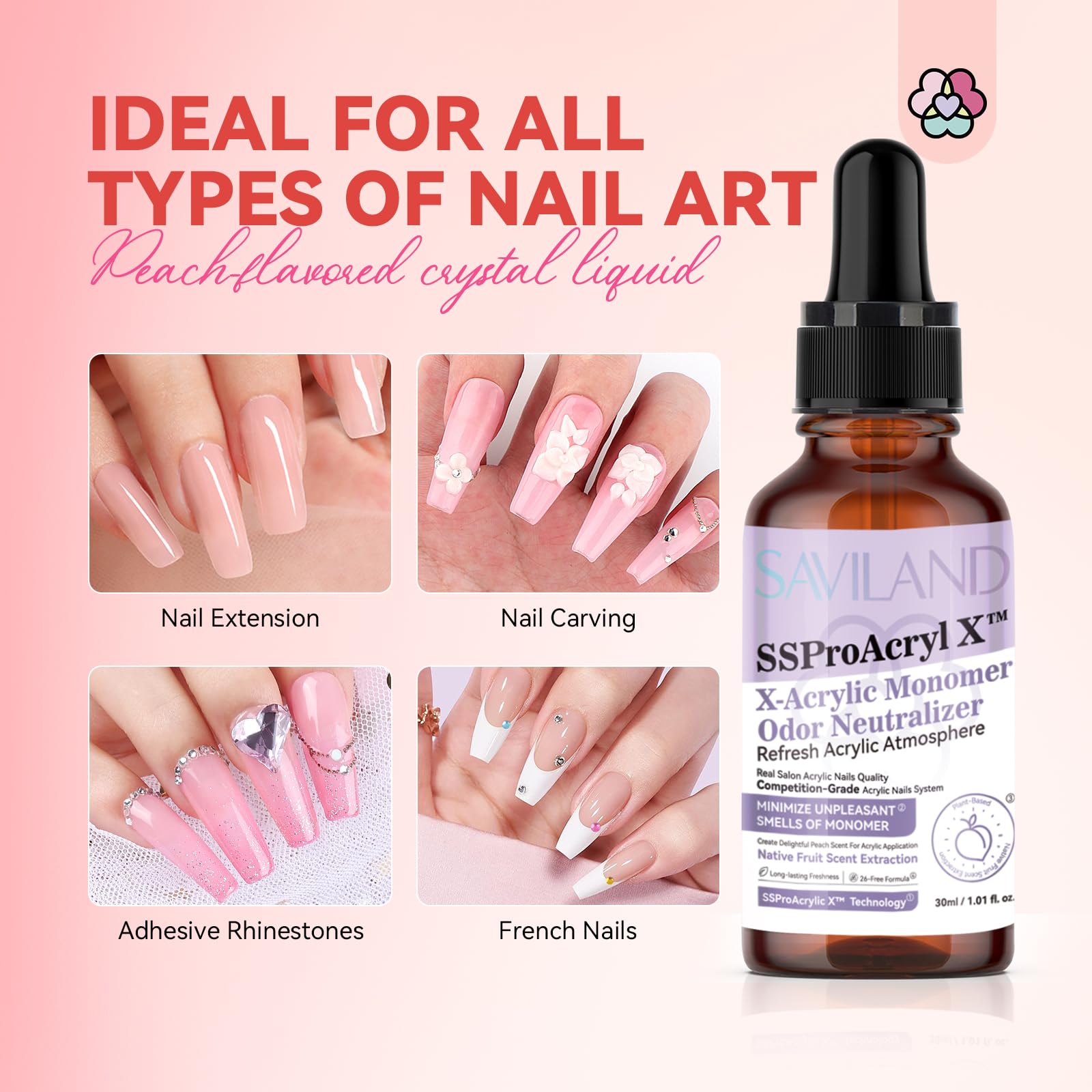 Complete product display of the thirty milliliter peach aroma acrylic nail smell neutralizer next to a completed manicure look