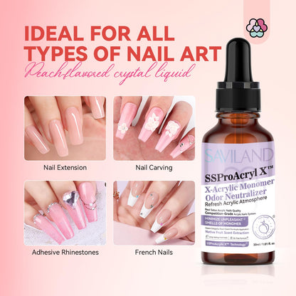 Complete product display of the thirty milliliter peach aroma acrylic nail smell neutralizer next to a completed manicure look