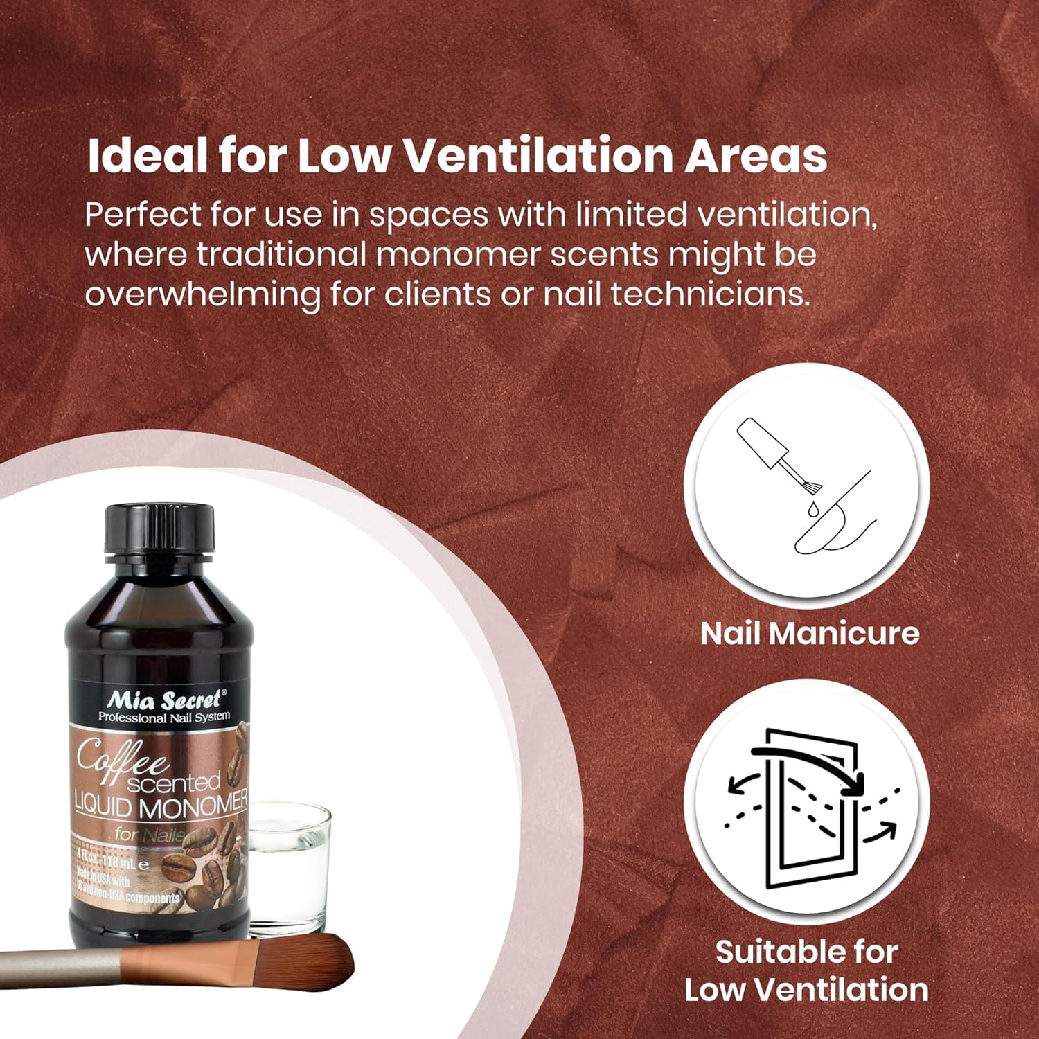Authentic Mia Secret coffee scented liquid monomer bottle highlighting the official barcode and batch tracking information.