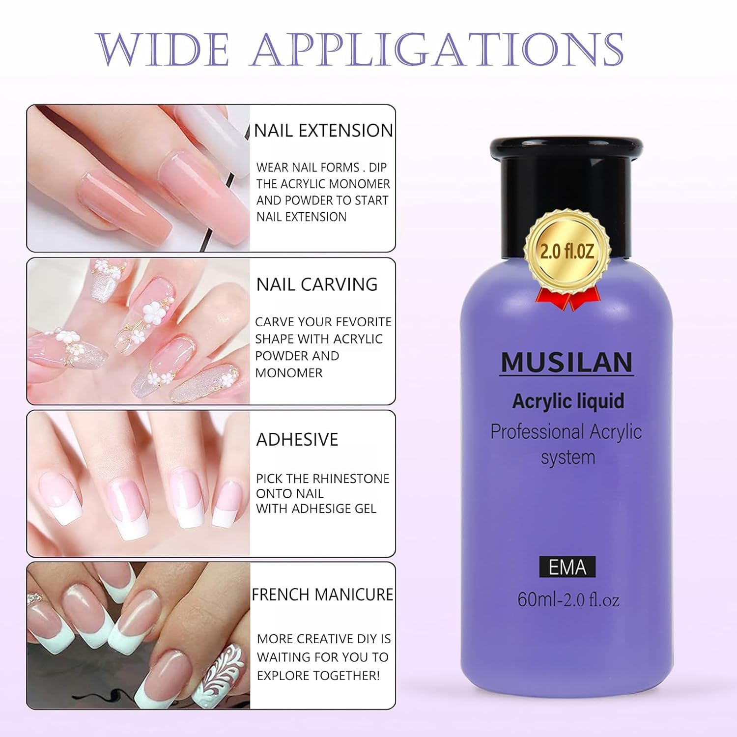 Six ounce bottle of MMA-free liquid monomer alongside styled acrylic nail extensions.