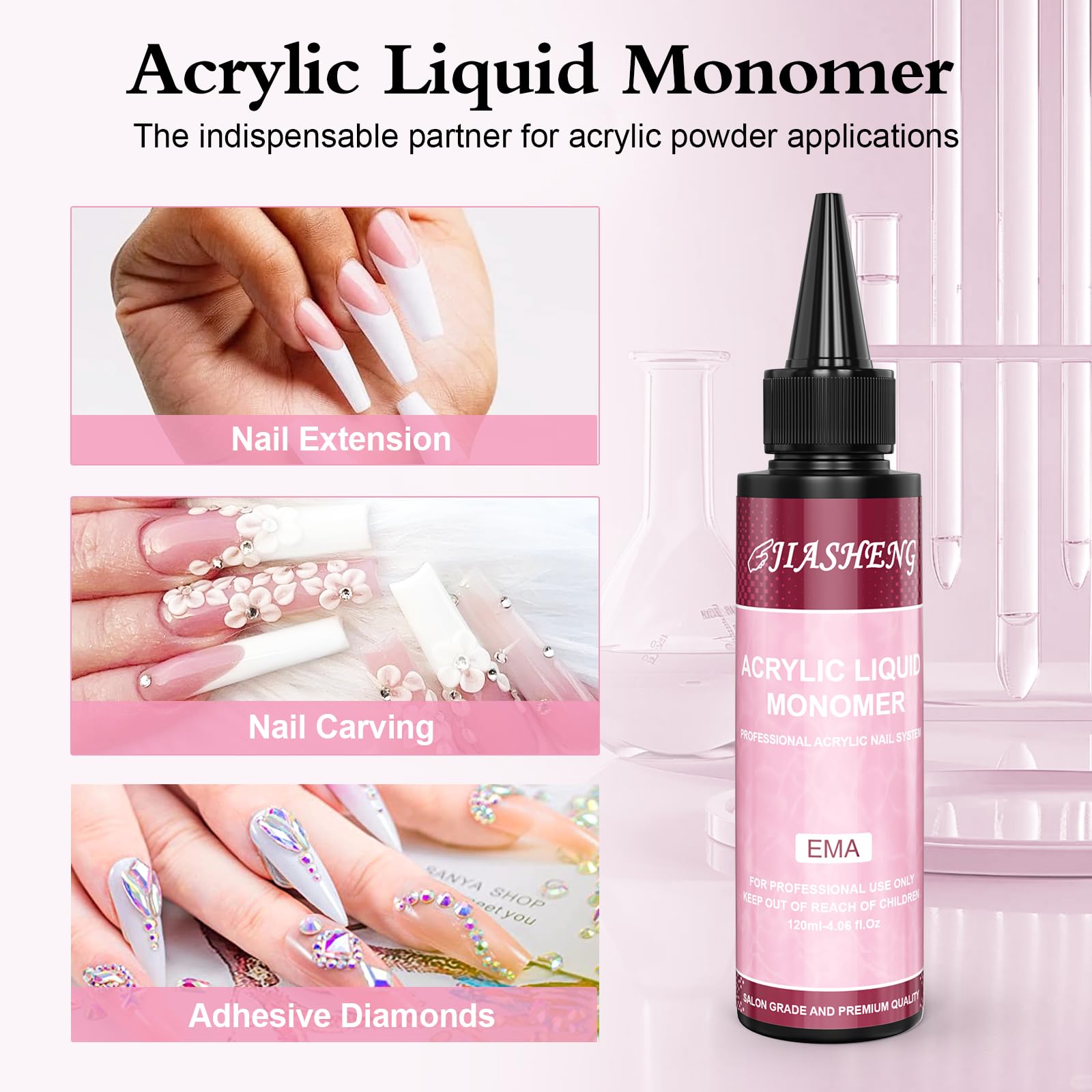 JIASHENG salon grade liquid monomer showing the clear purple tint of the formulation.