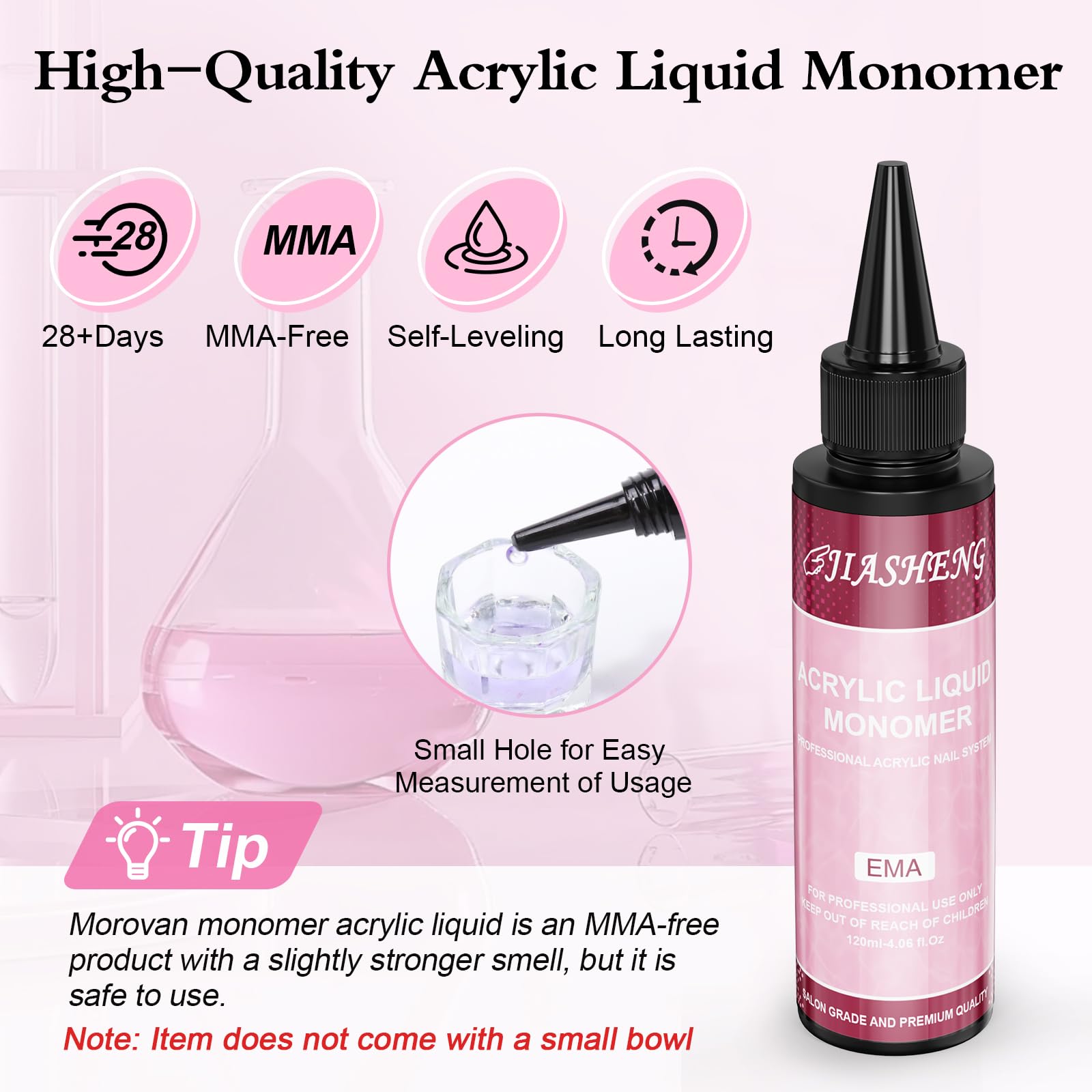 Close up view of the easy pour spout on the JIASHENG acrylic nail liquid bottle.