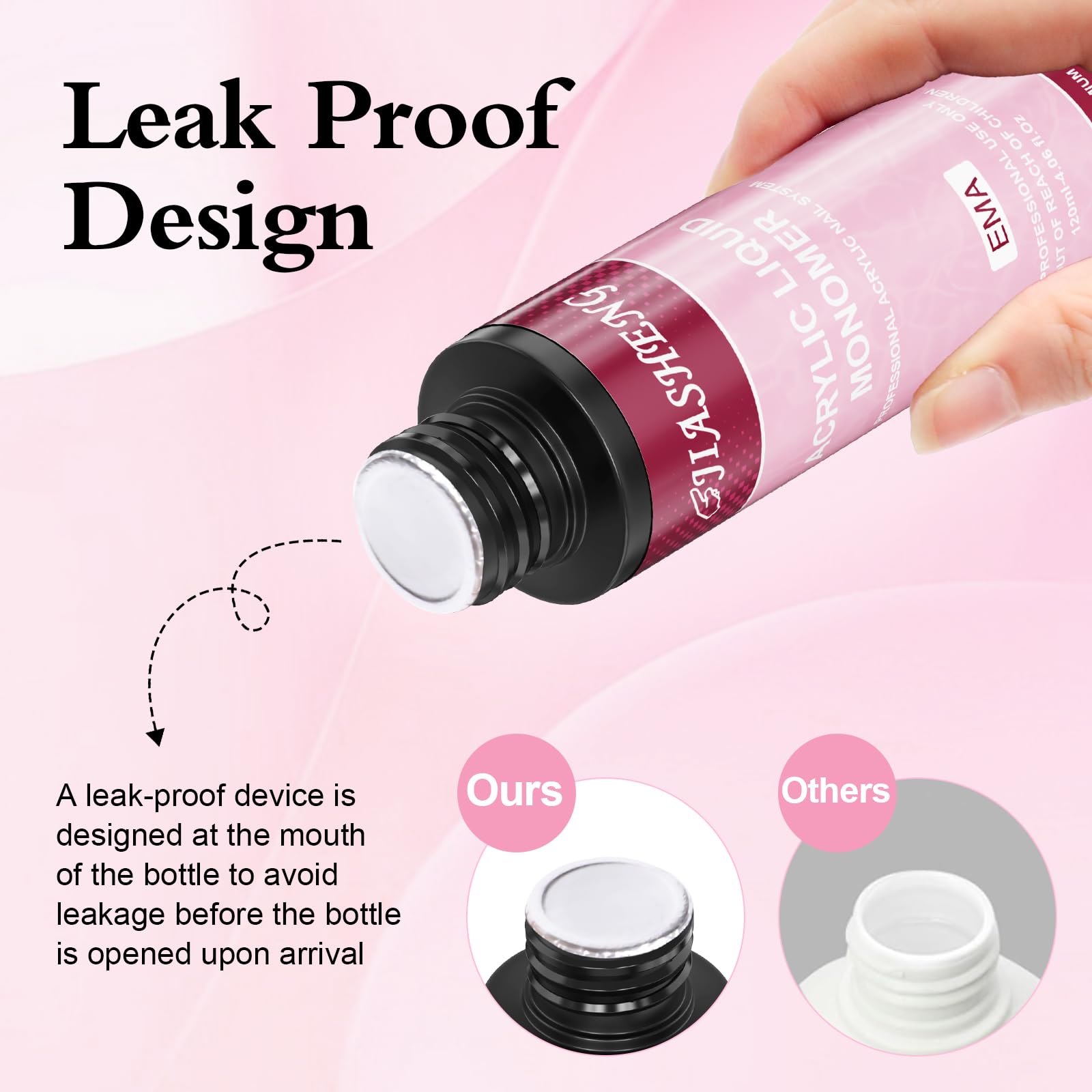 JIASHENG acrylic monomer liquid container highlighting the methyl methacrylate free safety label.