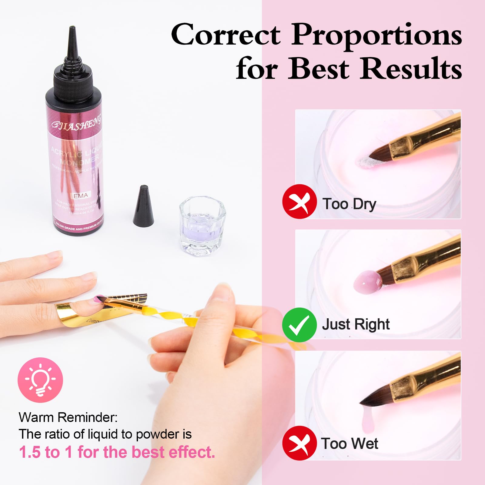 Professional four ounce bottle of JIASHENG low odor monomer displayed on a clean manicure table.