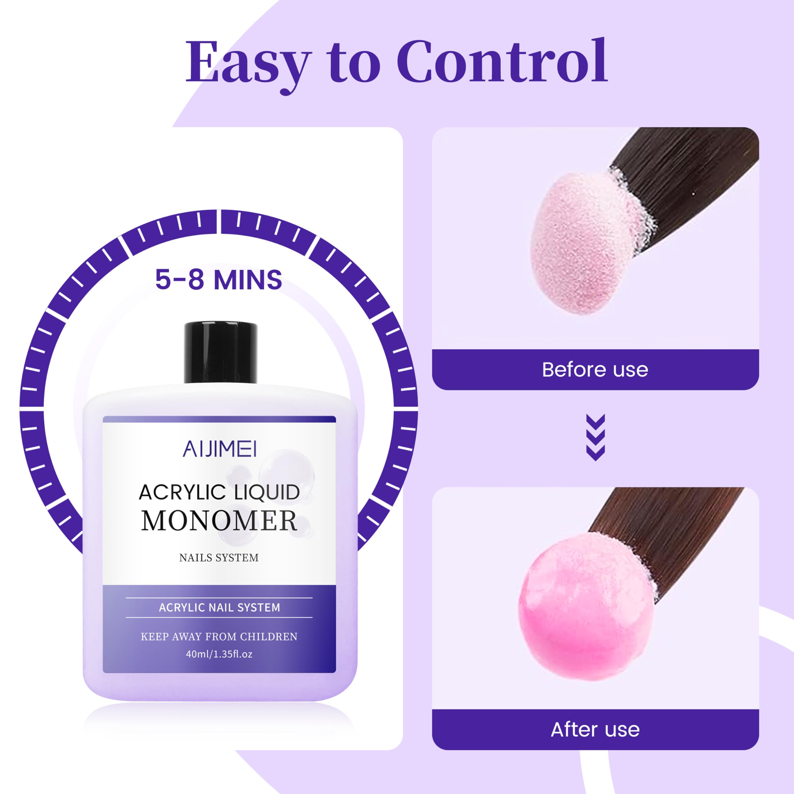 AIJIMEI non yellowing 40ml monomer liquid package contents showing authentic product branding