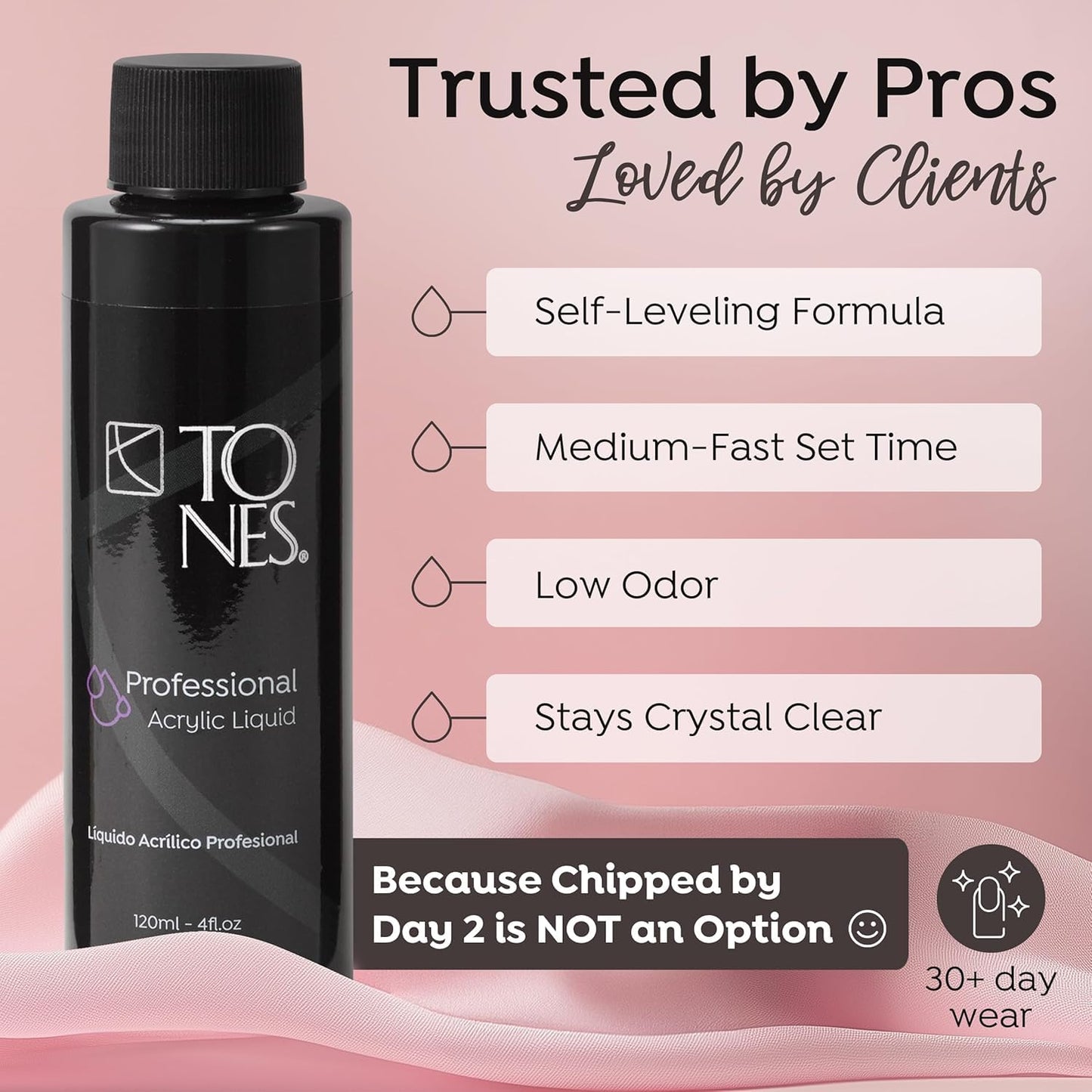 MMA-free Tones acrylic nail liquid container showcasing the non-yellowing professional formula labels