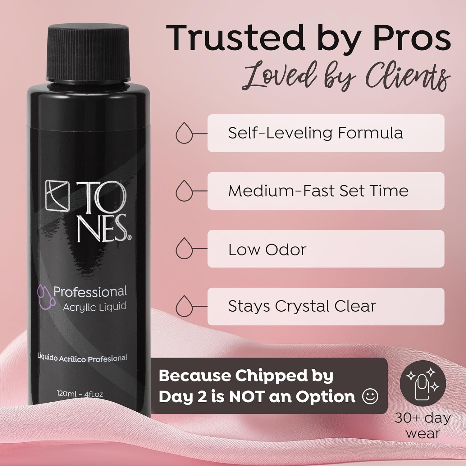 MMA-free Tones acrylic nail liquid container showcasing the non-yellowing professional formula labels