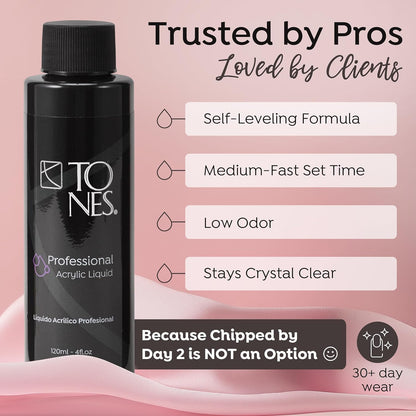 MMA-free Tones acrylic nail liquid container showcasing the non-yellowing professional formula labels